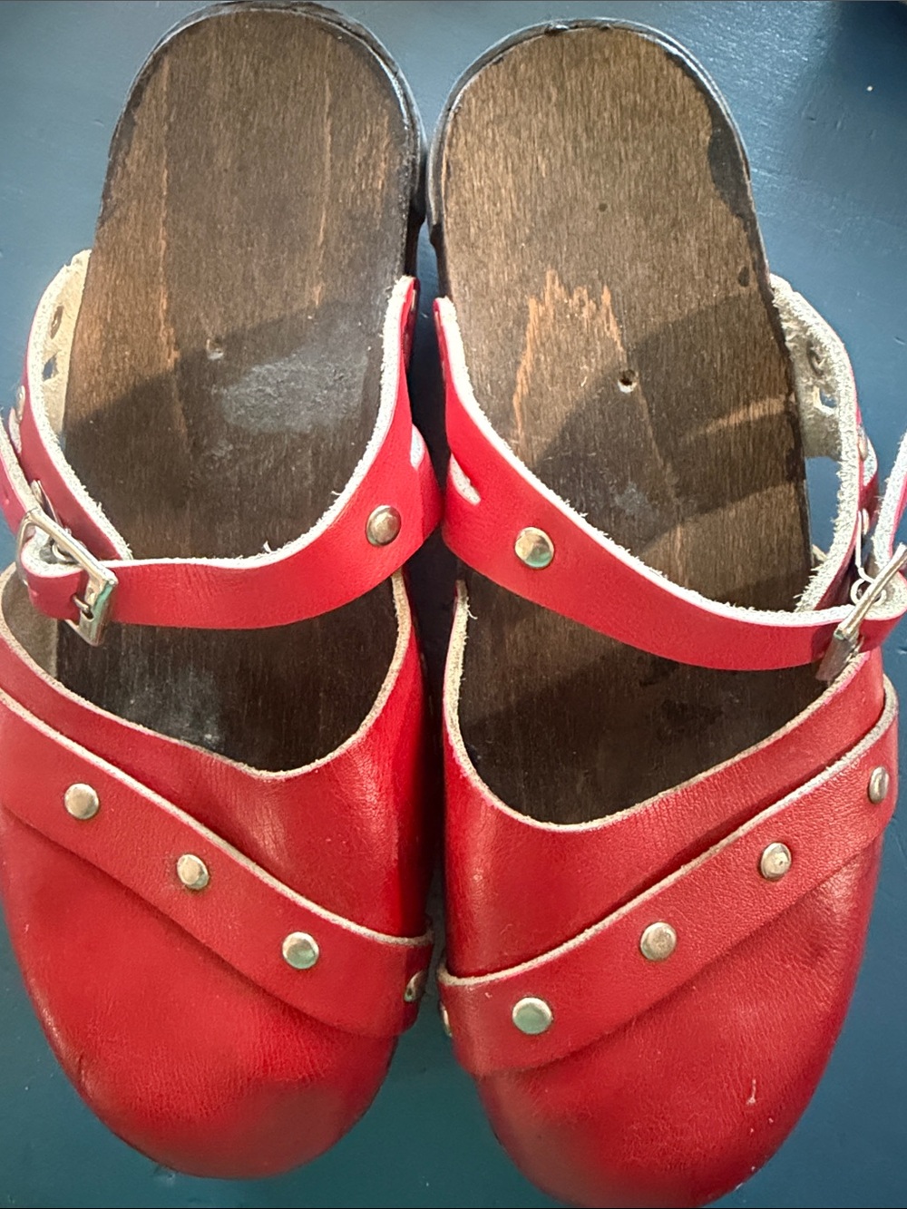 Red Studded Leather Mule Clogs with Buckle Strap